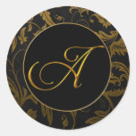 Monogramm ein Gold und schwarzes ein Damast-Hochze Runder Sticker