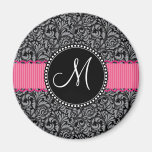 Monogramm-schwarzer grauer zuerstdamast-Blumenmust Kühlschrankmagnet