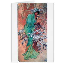 Mucha Winterkunst nouveau Damen-Spatzenvögel Karten