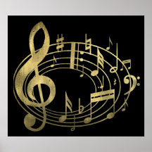 Notes musicales d'or dans la forme ovale posters