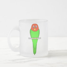 Parakeet-Cartoon. Vogel auf einer Stange Kaffee Tassen