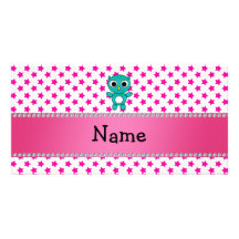 Personalized name turquoise owl pink stars photo cards
