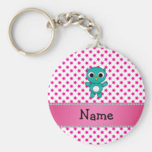 Personalized name turquoise owl pink stars keychain