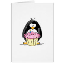 Pingouin d'anniversaire avec le petit gâteau cartes de vœux