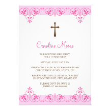 Premier invitation de communion de damassé rose él