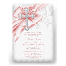Première communion de croix rose de damassé invitation personnalisable