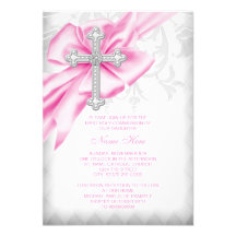Première communion de croix rose de damassé invitations personnalisées