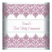 Première communion de filles roses de dentelle faire-parts