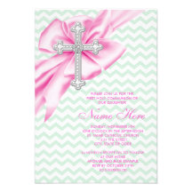 Pretty Pink and Green Chevron First Communion Custom Announcements