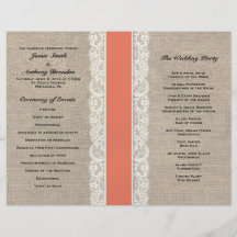 Programme de corail rustique de mariage de ruban d prospectus personnalisés