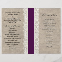 Programme rustique de mariage de ruban de prune de prospectus