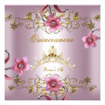 Quinceanera 15. rosa Blumen-GoldTiara Ankündigungskarte