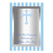 Rayure bleue argentée de première sainte communion invitations