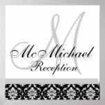 Réception de mariage noire et blanche de monogramm poster