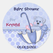 Regenschirm-Bärn-blaue Tupfen-Babyparty Runder Sticker