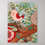 Rétro oiseau, branche, et fleurs posters