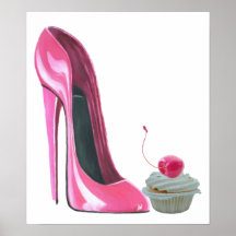 Rosa Stilett-Schuh und Kirschkuchen-Plakat