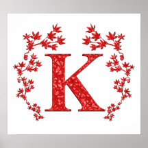 Rot-Blätter des Monogramm-Buchstabe-K Posterdruck