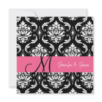 Schwarze Damast-Rosa-Monogramm-Hochzeits-Einladung