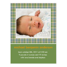 Vert/bleu de guingan • Faire-part de bébé Cartes Postales