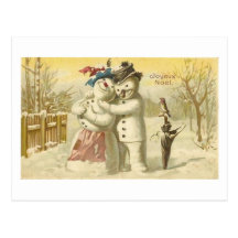 Vintage Joyeux Weihnachten-Snowman-u. Frauen-Karte Postkarte
