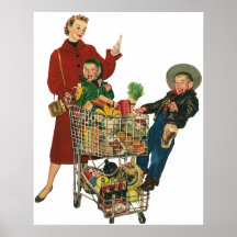 Vintage Mamma mit ihren Kindern im Wagen-Lebensmit Plakate