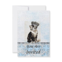 Vintager Kitty mit Kronen-Blau-Einladung