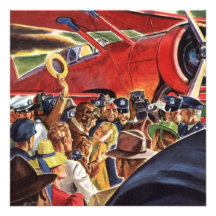 Vintager Pilot, Frau und Flugzeug mit Paparazzi Personalisierte Ankündigung