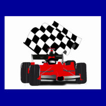 Voiture de course rouge avec le drapeau Checkered cartes postales