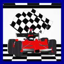 Voiture de course rouge avec le drapeau Checkered invitations