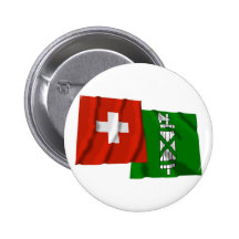 Wellenartig bewegende Flaggen der Schweiz u. Sankt Anstecknadelbuttons
