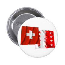 Wellenartig bewegende Flaggen der Schweiz u. Walli Anstecknadelbuttons