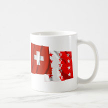 Wellenartig bewegende Flaggen der Schweiz u. Walli Tassen