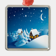 Winter, Haus, Nacht, Mond und Sterne Ornamente