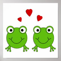 Zwei grüne Frösche mit roten Herzen Poster