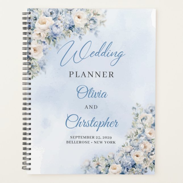 В Blume in Aquarellblau und Weißrosen Hochzeit Planer (Vorderseite)