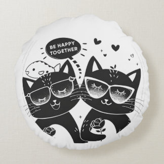 В schöne Katzen mit Rose und Inschriften BEHAPPY Rundes Kissen