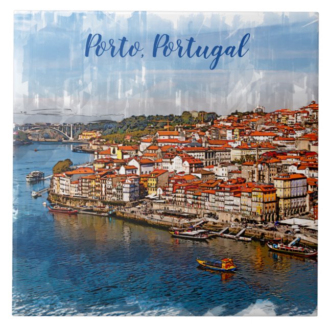 С Stadtbild von Porto, Douro Fluss. Portugal. Fliese (Vorderseite)