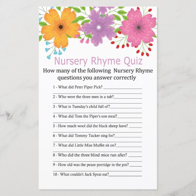 С ute Blume Kinderzimmer Rhyme Quiz Kinderduschens (Vorderseite)