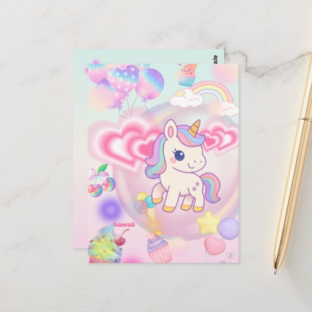 かわいいピンクのゆるふわユニコーン♡ POSTKARTE (Vorderseite/Rückseite Beispiel)