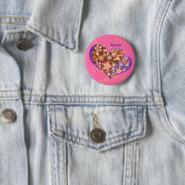かわいいピンクの鮮やかなお花模様レトロハート♡ BUTTON