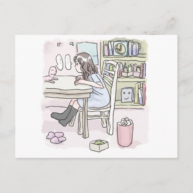 さいくさじ　お部屋で机に向かう POSTKARTE (Vorderseite)