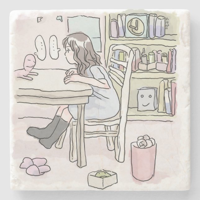 さいくさじ　お部屋で机に向かう STEINUNTERSETZER (Vorderseite)