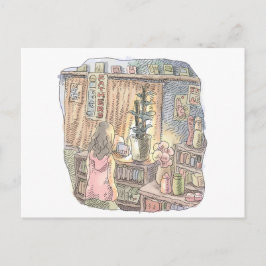 さなくなじ 薄暗いお部屋の植木とカーテンのそばで淡く光る物体を見つめる女性の後ろ姿のイラス POSTKARTE