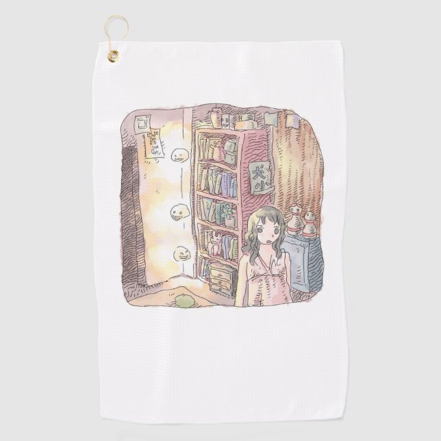 さなくむじ  薄暗いお部屋で本棚のそばに浮いているぼんやり光る物体と女性のイラスト GOLFHANDTUCH (Vorderseite)