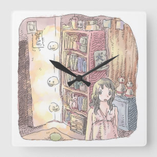 さなくむじ   薄暗いお部屋で本棚のそばに浮いているぼんやり光る物体と女性のイラスト QUADRATISCHE WANDUHR