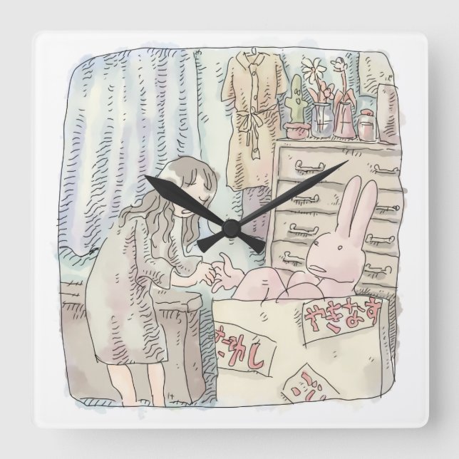 さなごなじ　　箪笥のあるお部屋で段ボールの中のウサギに手を差し伸べる女性のイラスト QUADRATISCHE WANDUHR (Vorderseite)