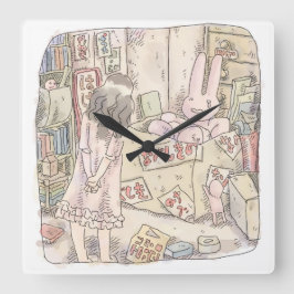 さなごむじ お部屋の段ボールの中で震えているウサギを見ている女性のイラスト QUADRATISCHE WANDUHR