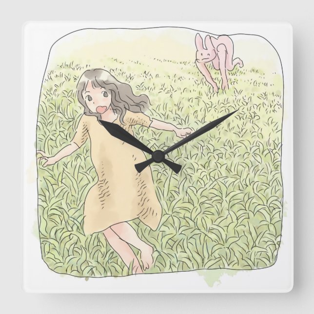 さなしむじ　広い緑の草原を追いかける兎から走って逃げる橙色のワンピースの女性 QUADRATISCHE WANDUHR (Vorderseite)