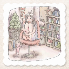 さなにくじ 本棚のある部屋、赤い椅子の上に座って身体を丸める女性のイラスト UNTERSETZER